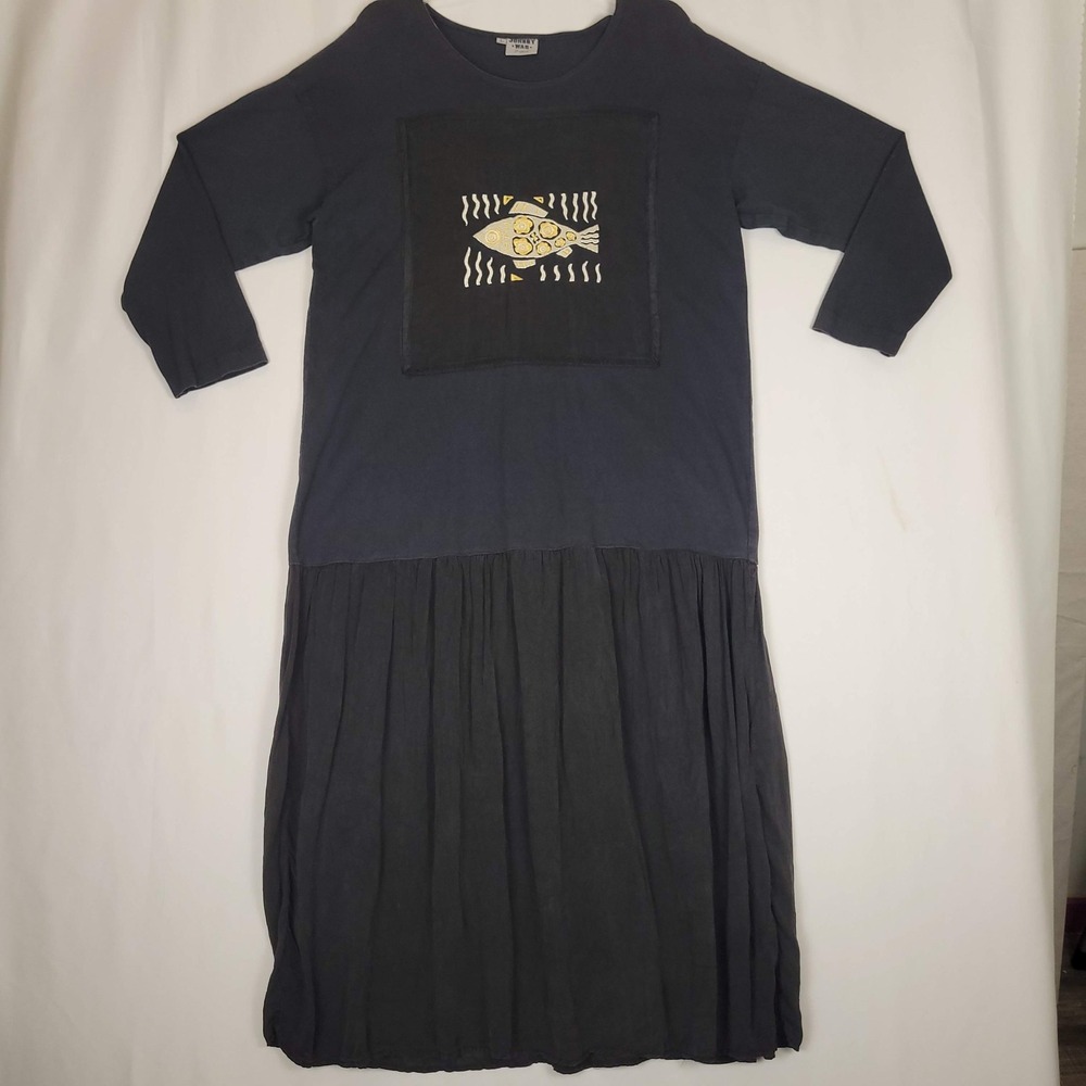 Johnny Was Black Mixed Media Embroidered Fish T-Shirt Dress Long Sleeve Large